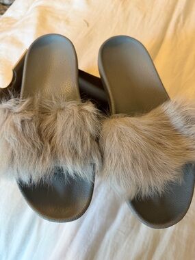 UGG Gray Faux Fur Slide Sandals
